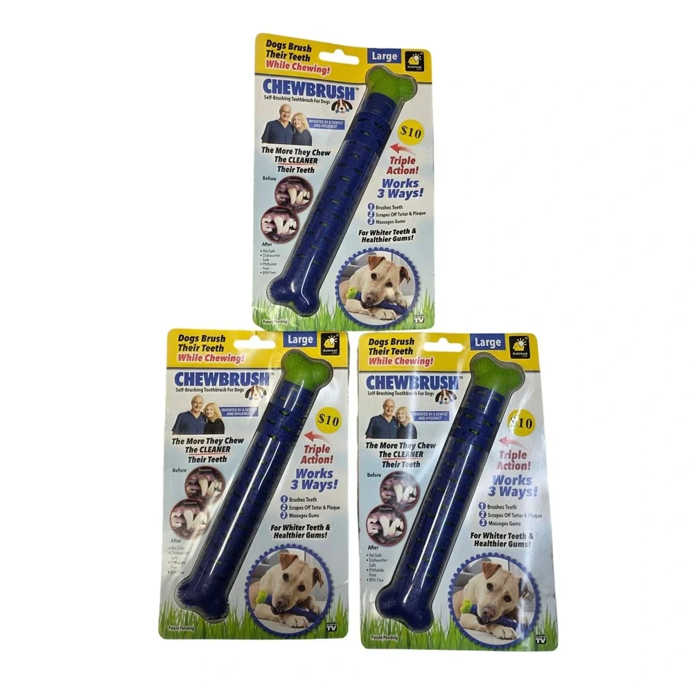 3 pack, Chewbrush Large Self-Brushing Dog Toothbrush Blue Green Triple Action